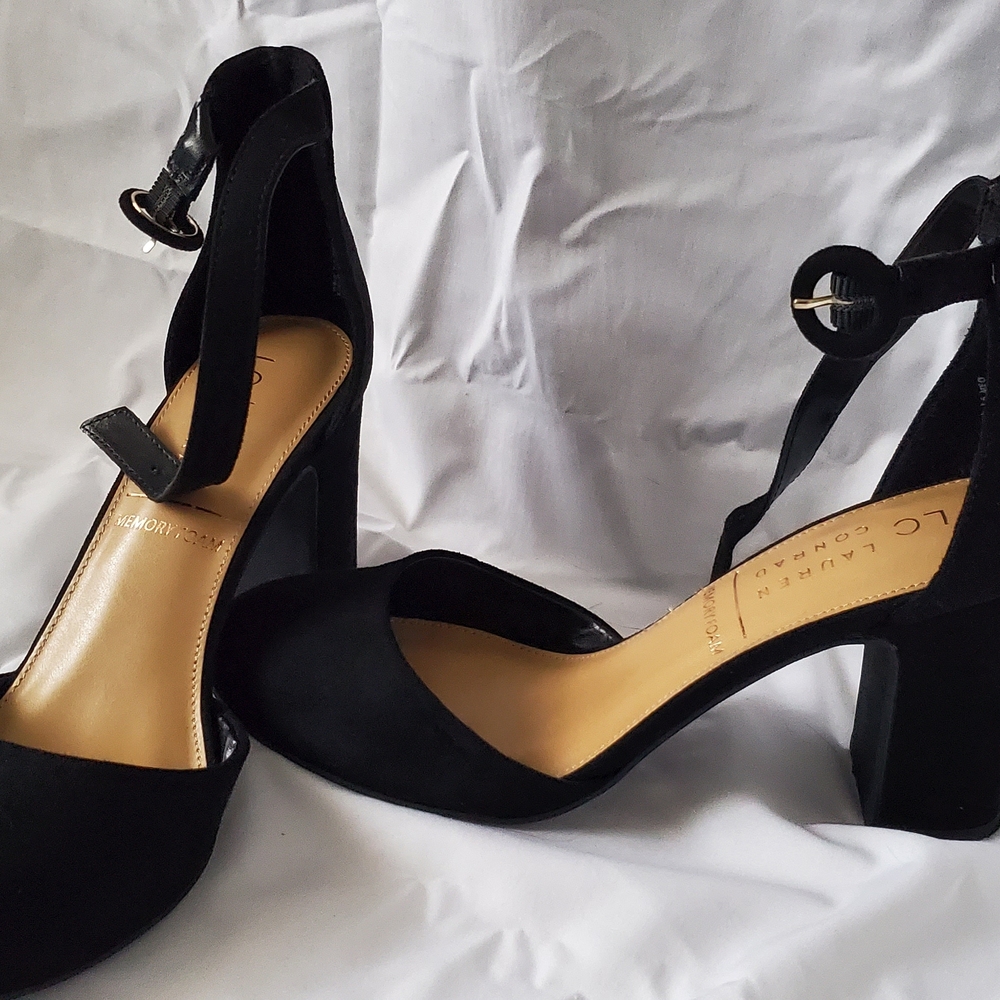 LC Lauren Conrad Black Ankle Strap Block Heels